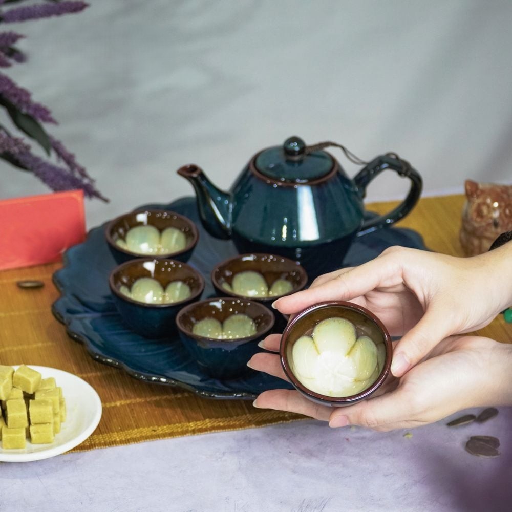 Bộ Ấm Trà Đĩa Men Hỏa Biến Xanh Khay Hoa Xanh (1)
