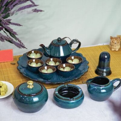 Bộ Ấm Trà Đĩa Men Hỏa Biến Xanh Khay Hoa Xanh