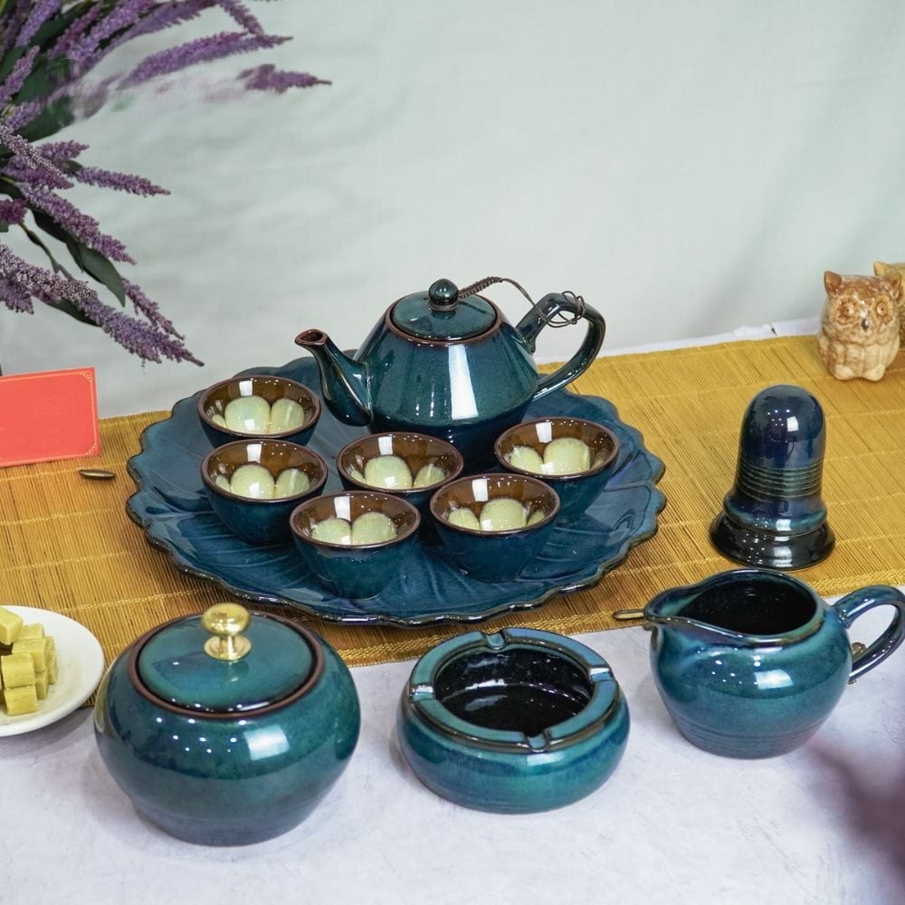Bộ Ấm Trà Đĩa Men Hỏa Biến Xanh Khay Hoa Xanh